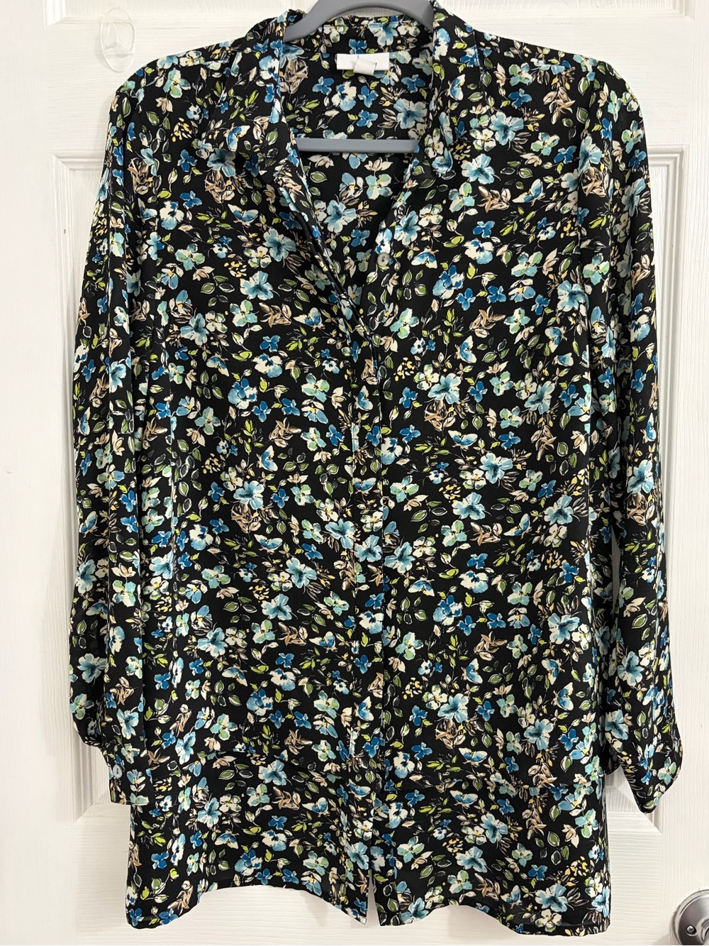 J. Jill Black Button-Down blouse with Blue and Green Floral Print. Size small